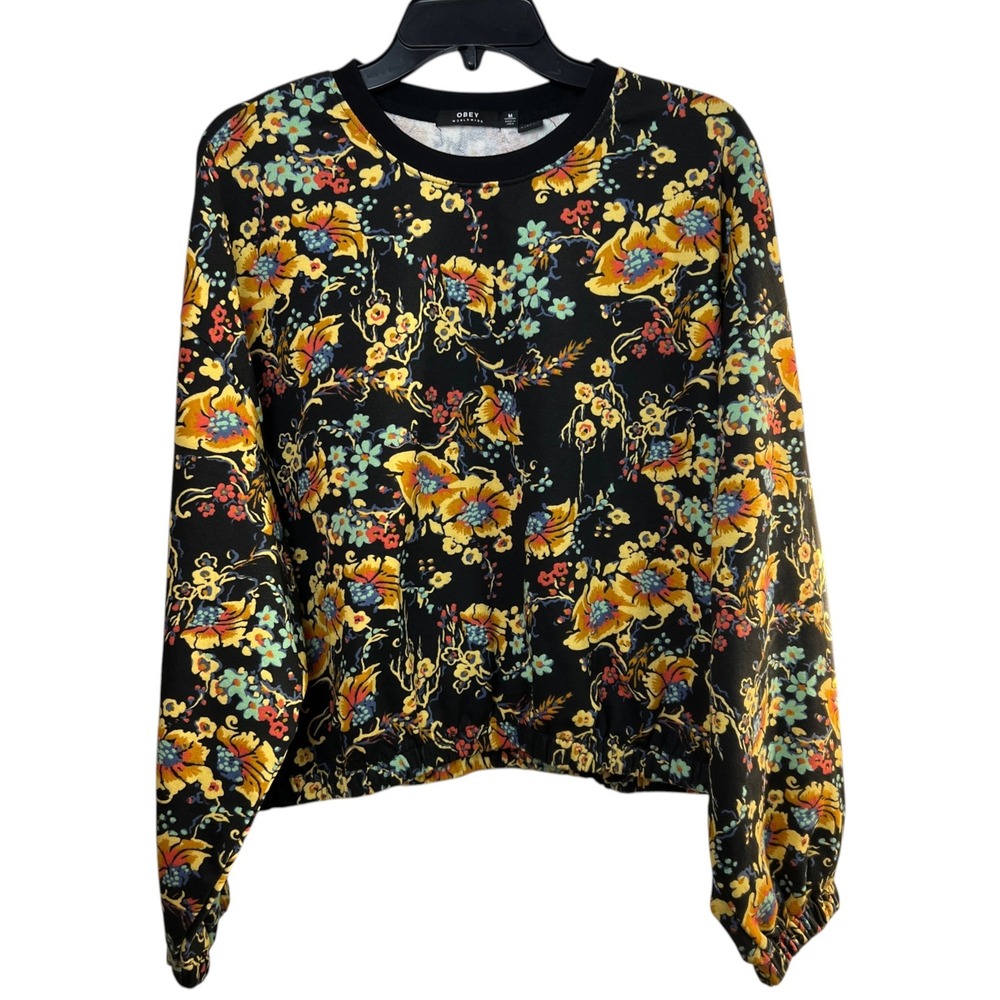 OBEY Floral Sweatshirt Medium Organic Cotton Elastic Hem Crop Pullover Top